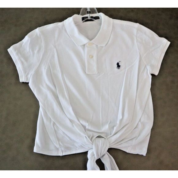 Polo Ralph Lauren Women’s Sz S White Tie Front Short Sleeve Collared Polo Shirt - Picture 1 of 5